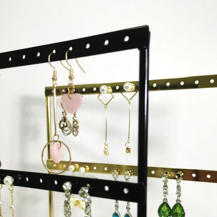 Solid Wood Base Metal Earrings Display Stand 3 Layers 69 Holes Jewelry Rack Earrings Studs Hanging Props Dresser Jewelry Storage
