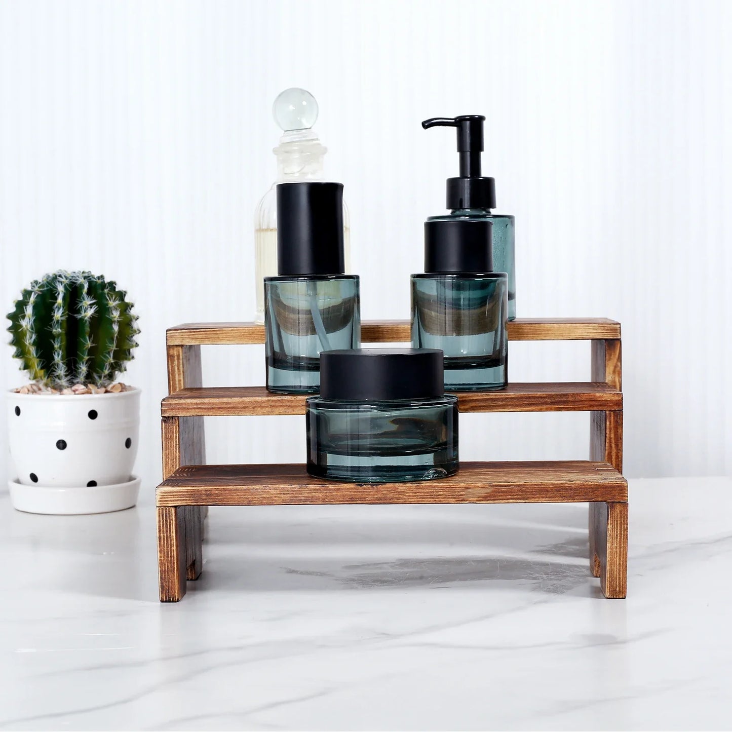 3Pcs Wood Display Stand Rectangle Wooden Riser Display Shelf Organizer Dessert Figurines Perfume Jewelry Ladder Organizer Shelf