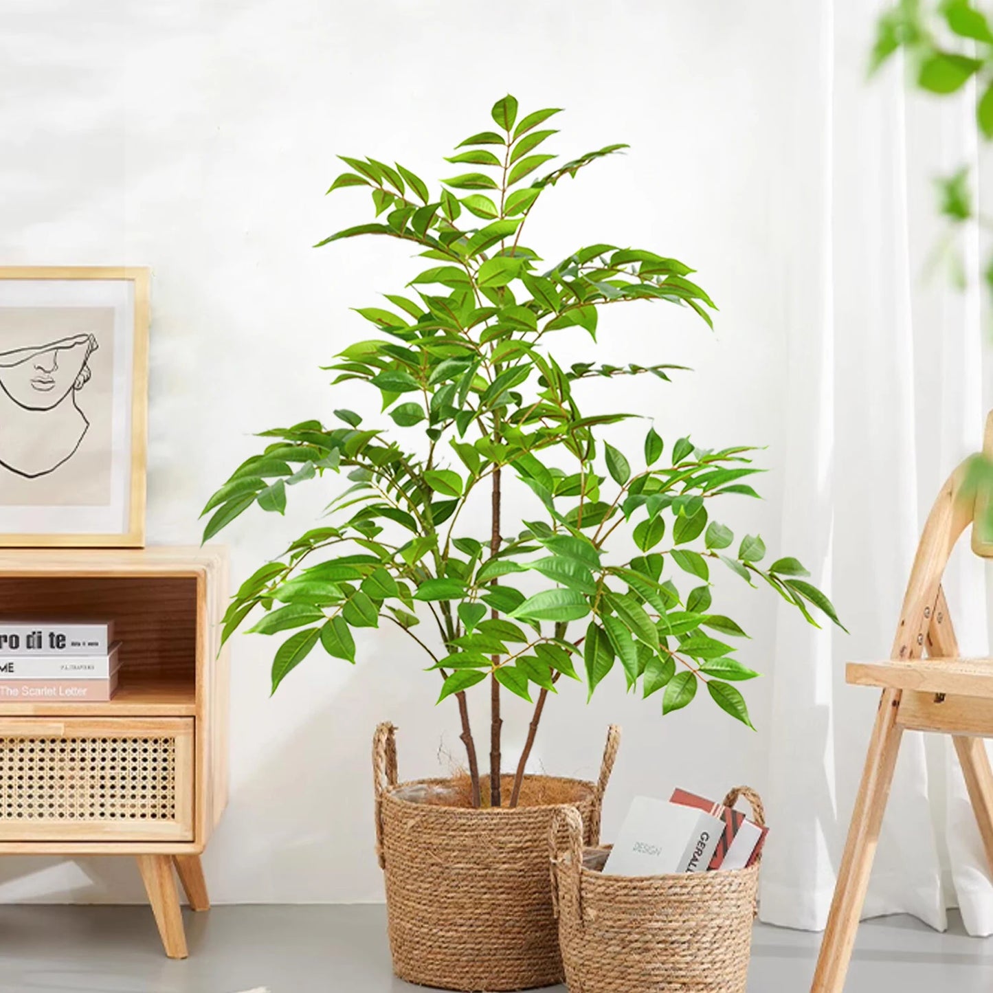 76-140（49.2in）Artificial Ficus Tree Branch Fake Lacquer Tree Plastic Banyan Plants Green Tall Palm Leaves For Home Garden Decor