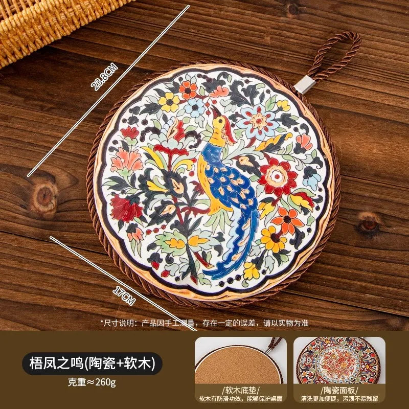1pcs Ceramic Insulation Pad Ceramic Surface and Cork Bottom Construction with Hanging Rope Suitable for Serving Plates Cups Pans