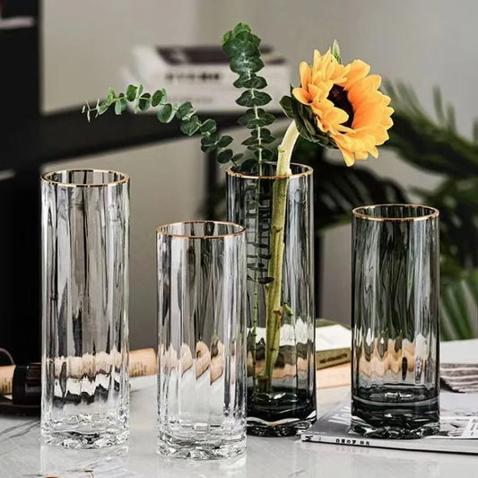 Vase, high-end straight tube, gold-plated glass vase, transparent water cured dried flower arrangement, desktop decoration