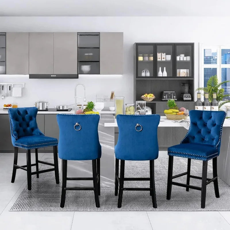 Upholstered Bar Stools Set of 4 with Wood Legs, Button Tufted,Chrome Nailhead, Counterstool Seat, Armles
