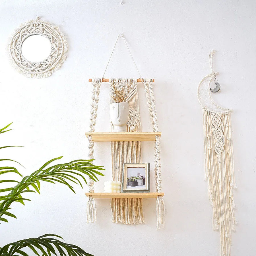 2 Tier Macrame Wall Hanging Floating Shelf Natural Cotton Rope Boho Home Decor Wooden Wall Shelf Candle Holder Floating Shelves