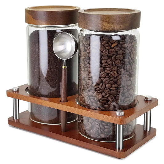 Glass Coffee Grounds Container with Shelf, 2 × 45 oz Glass Coffee Canisters with Airtight Thread Lid, Glass Storage Jars