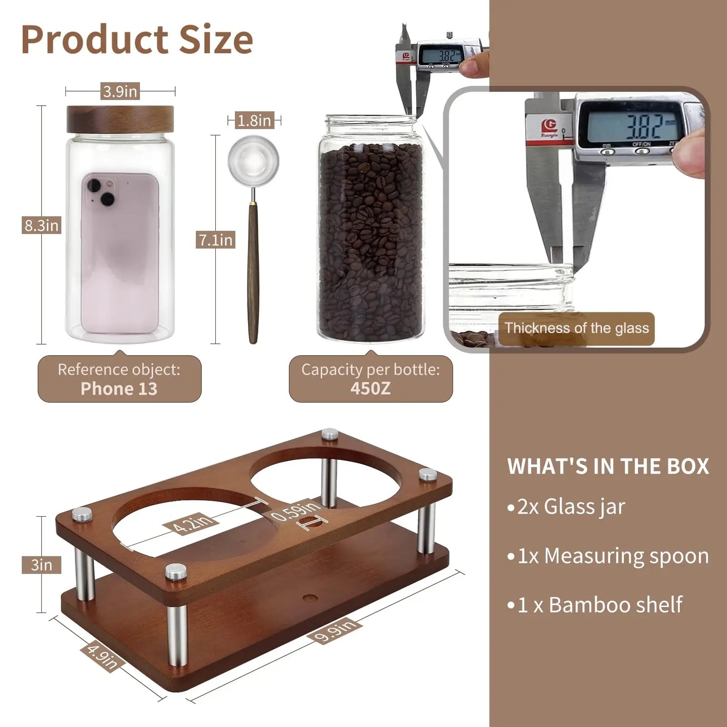 Glass Coffee Grounds Container with Shelf, 2 × 45 oz Glass Coffee Canisters with Airtight Thread Lid, Glass Storage Jars