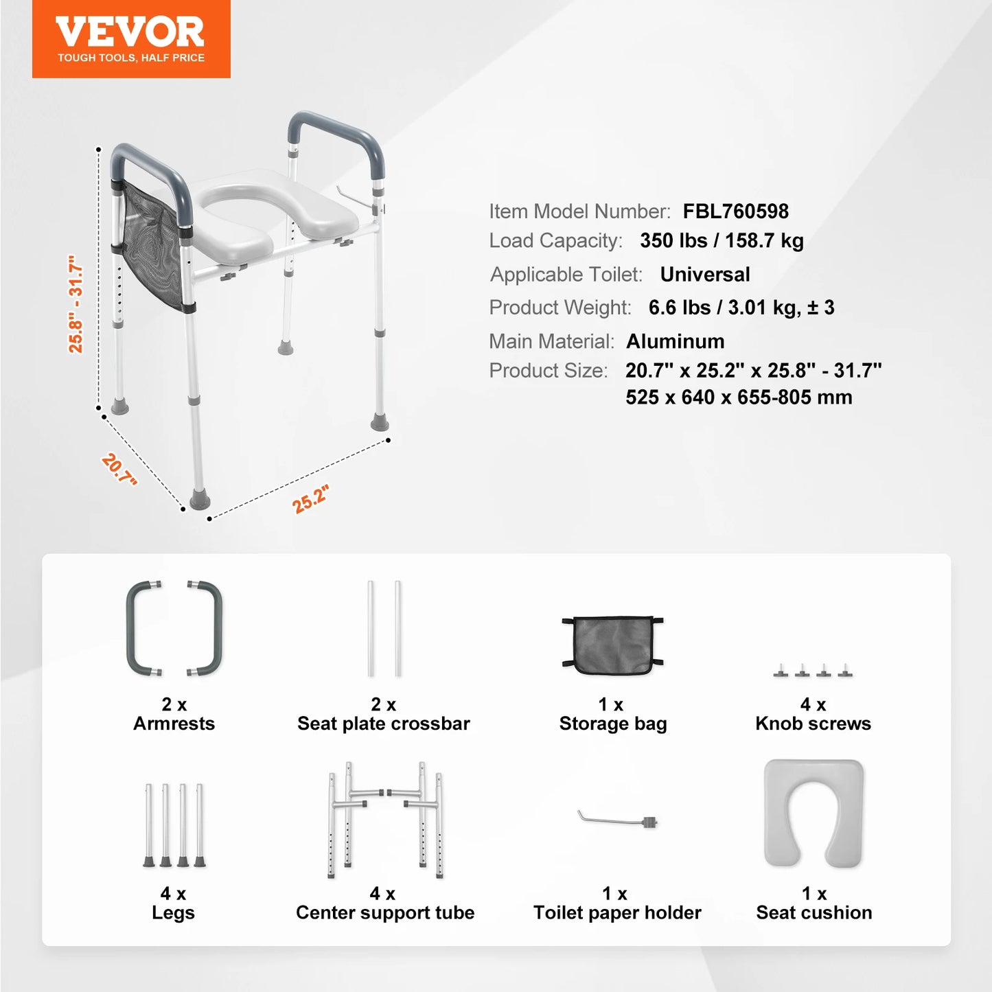SucceBuy Raised Toilet Seat, 7-Position Height Adjustment 19.3"- 25.2" 350lbs Weight Capacity with Comfort Padded Aluminum Frame