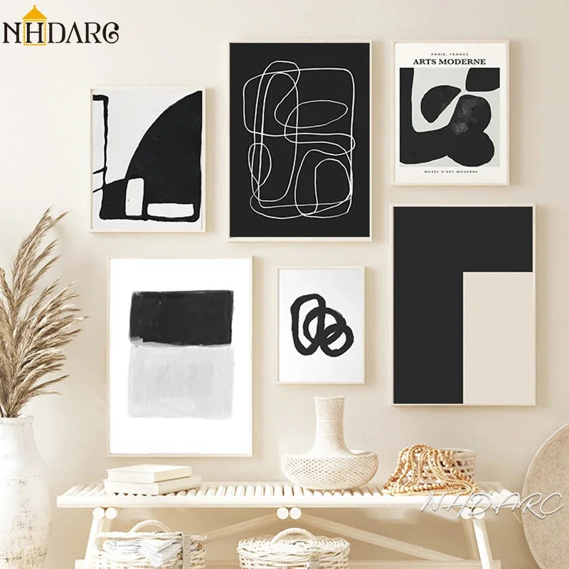 Scandinavian Minimalist Wall Art Modern Black and White Abstract Oil Painting Poster Print Home Bedroom Living Room Decoration
