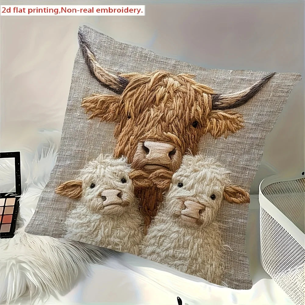 Highland Cow Family Design Pillow Cover-Soft Polyester,45cm x 45cm,Zipper Closure,Machine Washable (Pillow Insert Not Included)