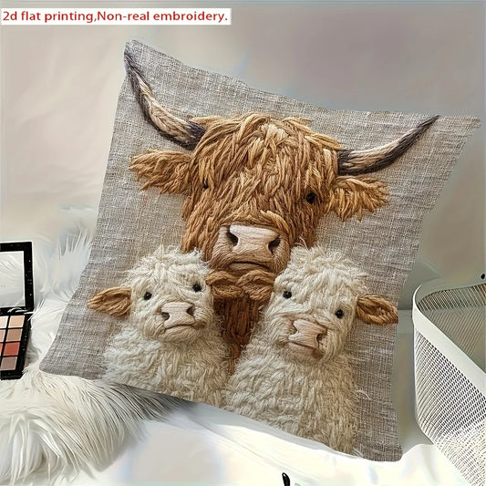 Highland Cow Family Design Pillow Cover-Soft Polyester,45cm x 45cm,Zipper Closure,Machine Washable (Pillow Insert Not Included)