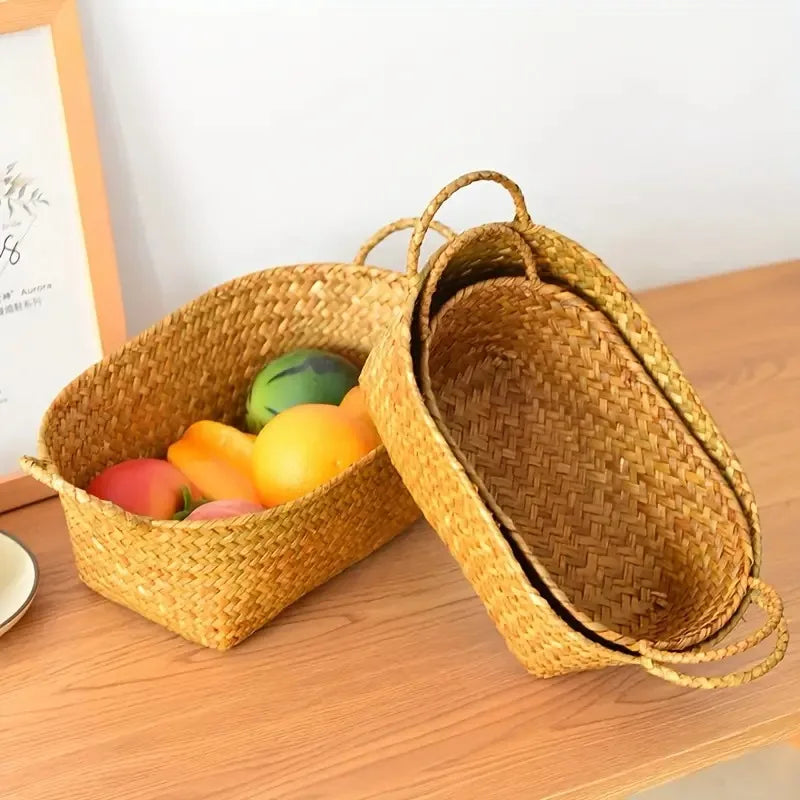 Woven Storage Basket for Fruits And Snacks, Double-Handled Rattan Basket for Organizing Miscellaneous Items, Shelf Baskets