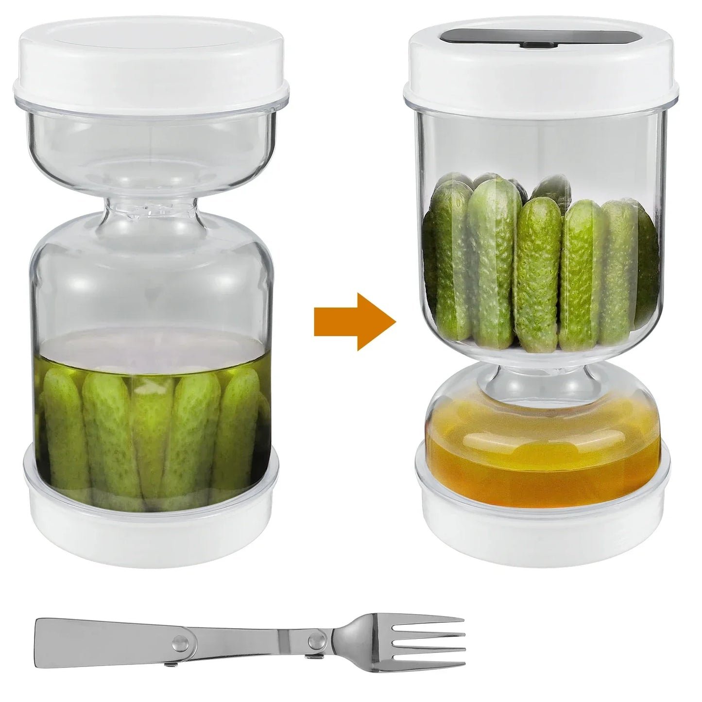 Pickle Container Wet and Dry Separation Pickle Olive Jar with Fork Leakproof Airtight Food Storage Upside Down Pickle Container