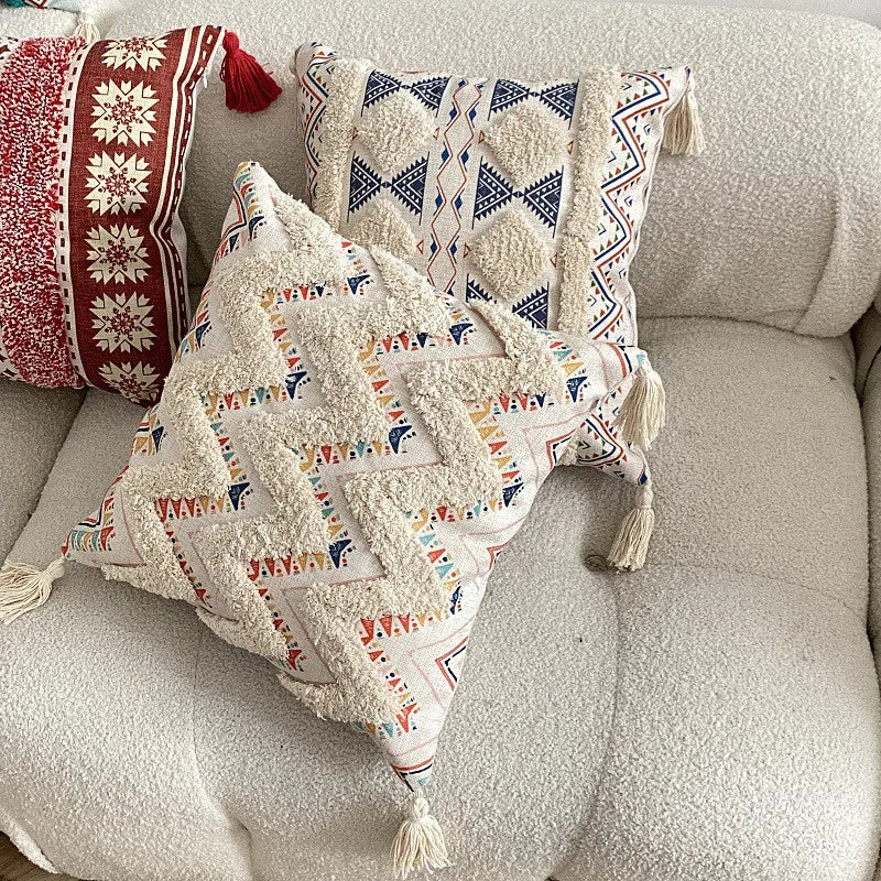 Boho Tufted Throw Pillow Cover with Handwoven Stripes Tribal Bohemian Cotton Hand Woven Tufted Square Cushion Covers JAF076