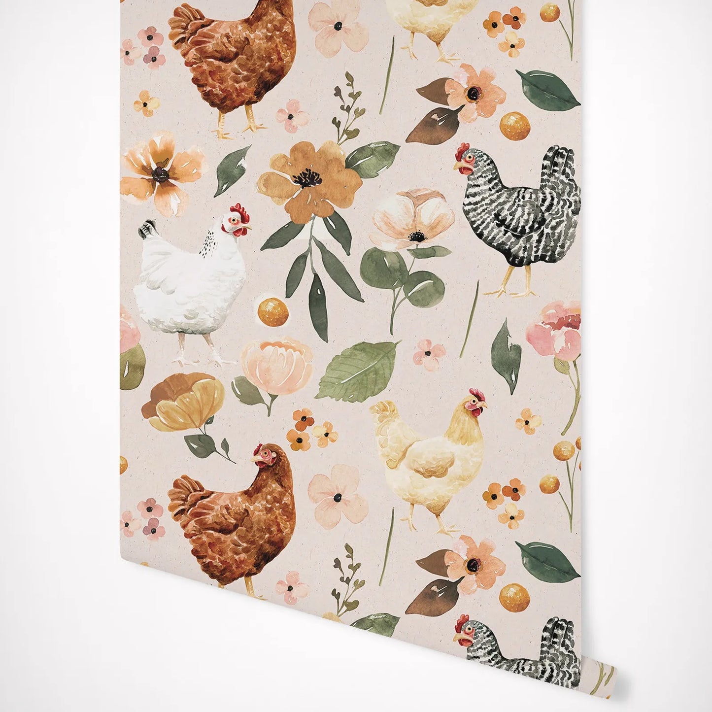 Farmhouse Wallpaper - Watercolor Chicken Floral Wallpaper - Painted Hens Chickens Peel and Stick Wallpaper,Removable Wallpaper