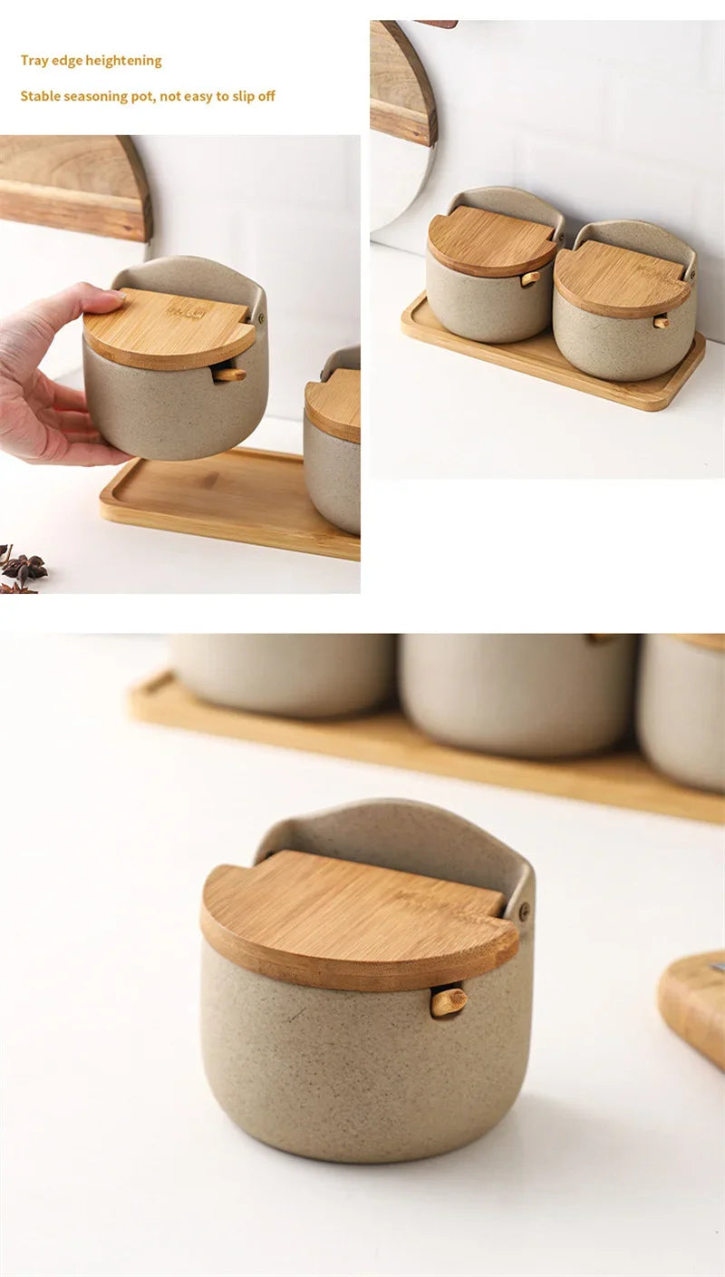 Japanese Style Ceramic Seasoning Jar Bamboo lid Spice jar With Spoon Kitchen Sugar Salt Spices Storage Box Household Container