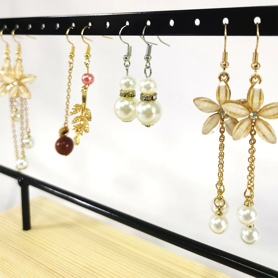 Solid Wood Base Metal Earrings Display Stand 3 Layers 69 Holes Jewelry Rack Earrings Studs Hanging Props Dresser Jewelry Storage