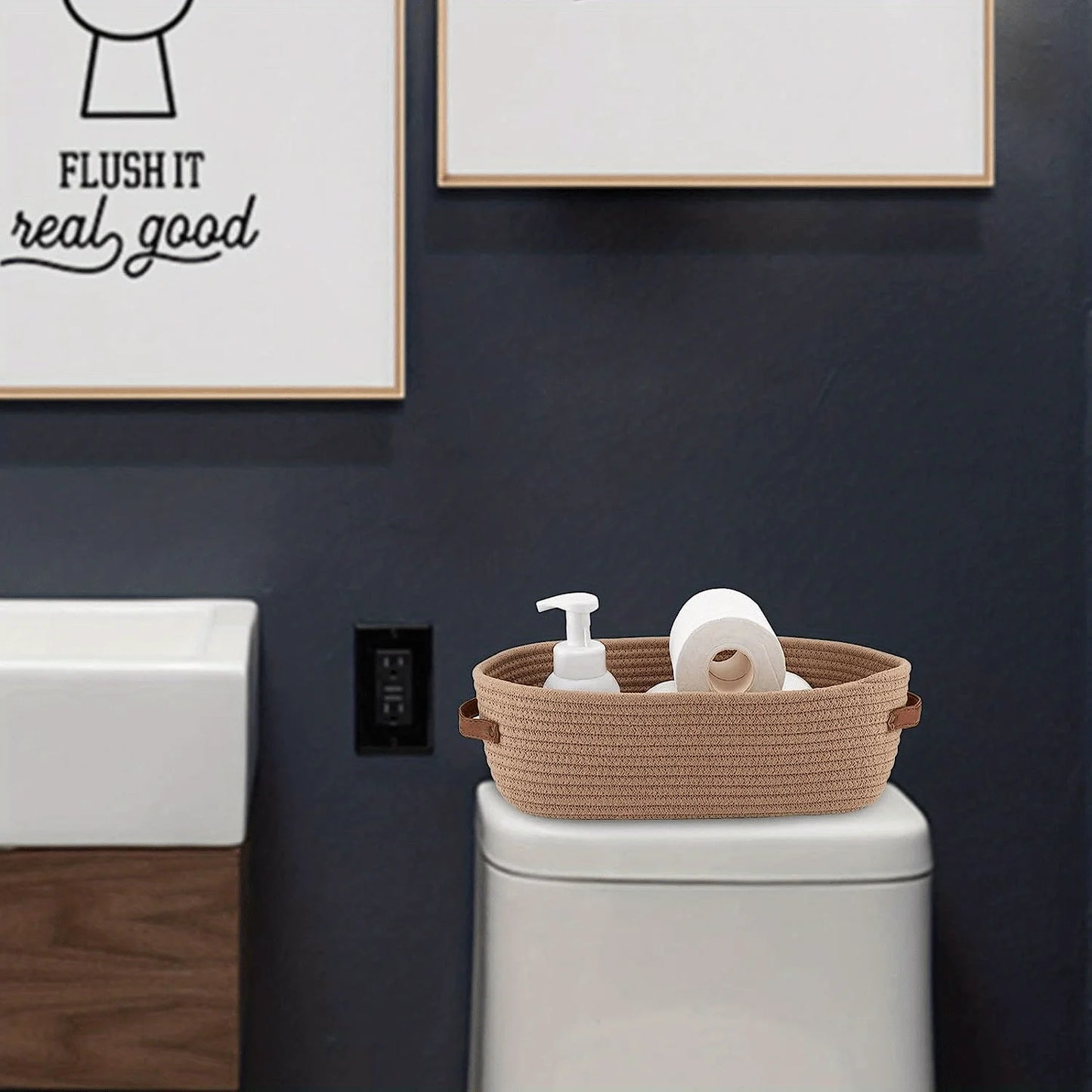 1 multifunctional woven storage basket with dual handles - perfect for desktop organization and toilet paper holder