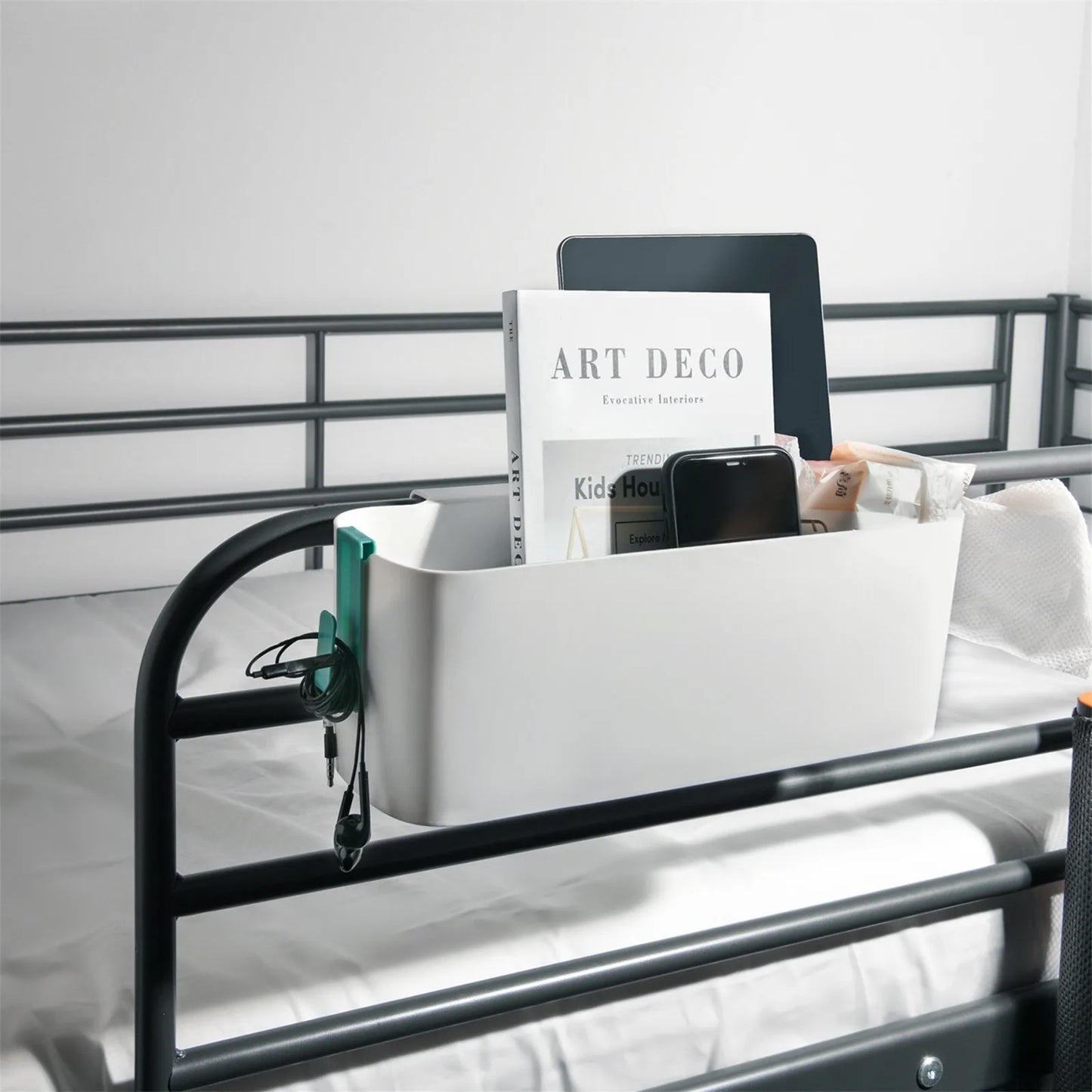 Bedside Hanging Basket Organizer with Hooks Dorm Bunk Beds Shelf  Table Storage Holder for Remote Controls Magazines Phone