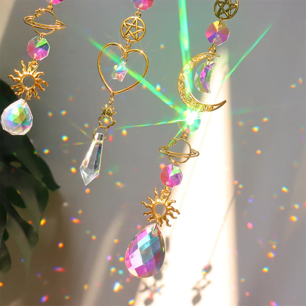 Suncatcher Crystal Wind Chime Star Moon Diamond Hanging Prisms Light Catcher Rainbow Chaser Jewelry Pendant Home Garden Decor