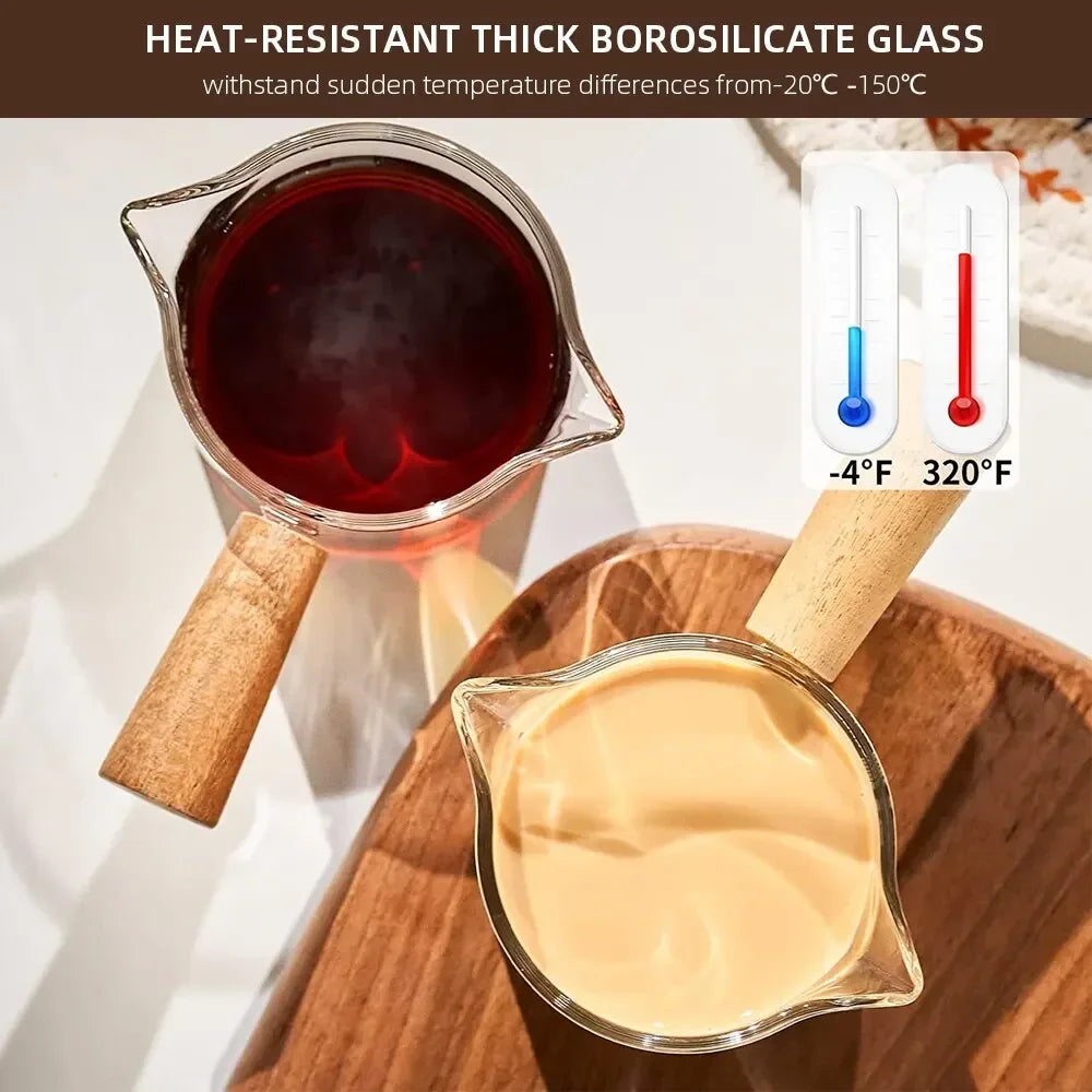 Glass Measuring Cup With Wood Handle 1pc Glass Espresso Measuring Cup Double Single Mouth Milk Coffee Clear Mug Coffee Supplies