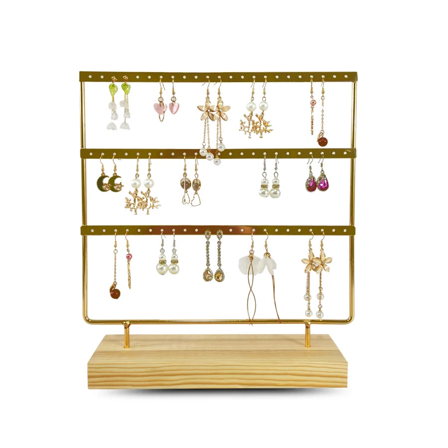 Solid Wood Base Metal Earrings Display Stand 3 Layers 69 Holes Jewelry Rack Earrings Studs Hanging Props Dresser Jewelry Storage