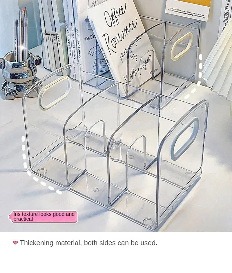 Convenient Clear Acrylic Bookends with Handle Desk Organizer Divided Book Stand Desktop Sorting Rack Study Supplies