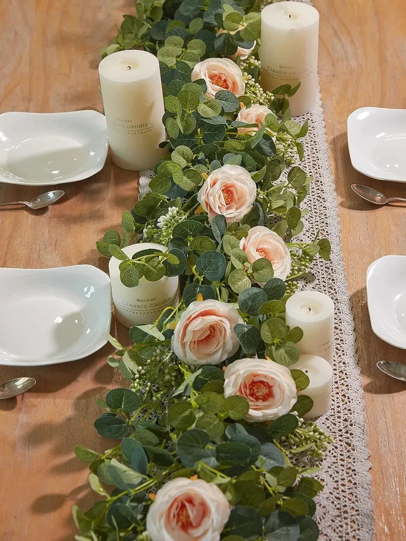Artificial Flowers Silk Rose Gypsophila Garland Fake Eucalyptus Vine Hanging Plants for Wedding Home Party Craft Decor