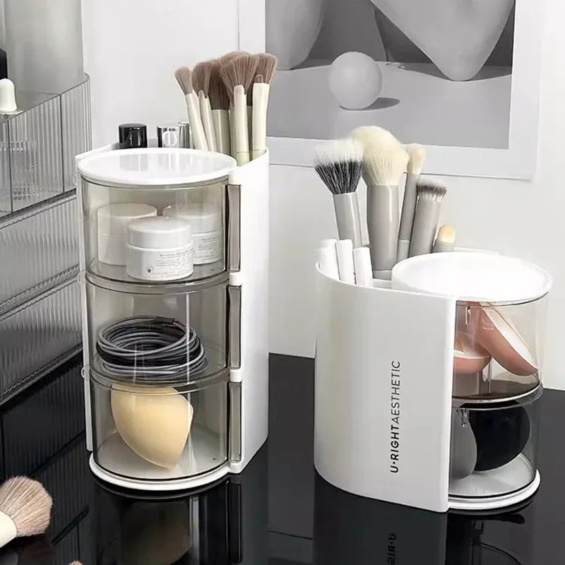 Rotating Cosmetic Storage Box Makeup Powder Puff Shelf Holder Dustproof Desktop Remover Cotton Brush Storage Rack Organizer