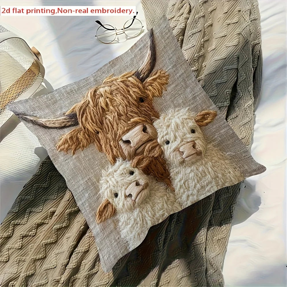 Highland Cow Family Design Pillow Cover-Soft Polyester,45cm x 45cm,Zipper Closure,Machine Washable (Pillow Insert Not Included)