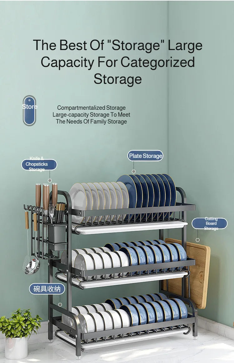 【Multi-Functional Kitchen Storage Rack】Dish Plate Organizer with Drainage Rack Countertop Utensil Holder for Chopsticks &