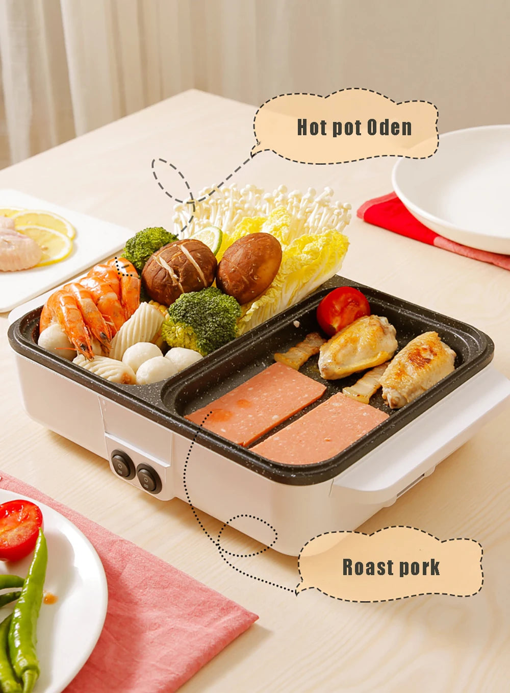 110V/220V 2 IN 1 Electric Hot Pot Cooker BBQ Grill Multicooker Electric Non Stick Plate Barbecue Pan Kitchen Cooking Pot 1200W