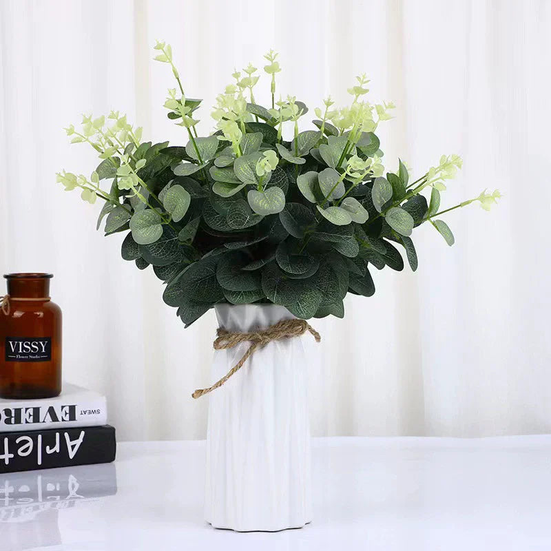 10pcs Eucalyptus Leaves Artificial Plastic Plants Leaves Bunch Branch Green Stems Wedding Faux Fake Flowers Cake DIY Decor