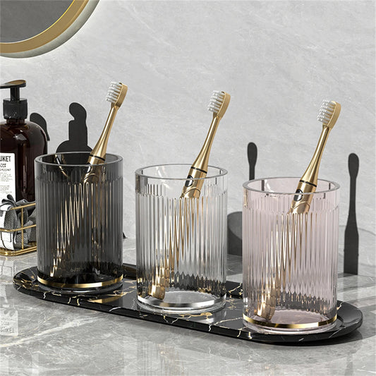 Luxury Stripe Mouthwash Mug Portable Round Toothbrush Holder Cup Colorful Clear Toothbrush Storage Cup Bathroom Washing Tools
