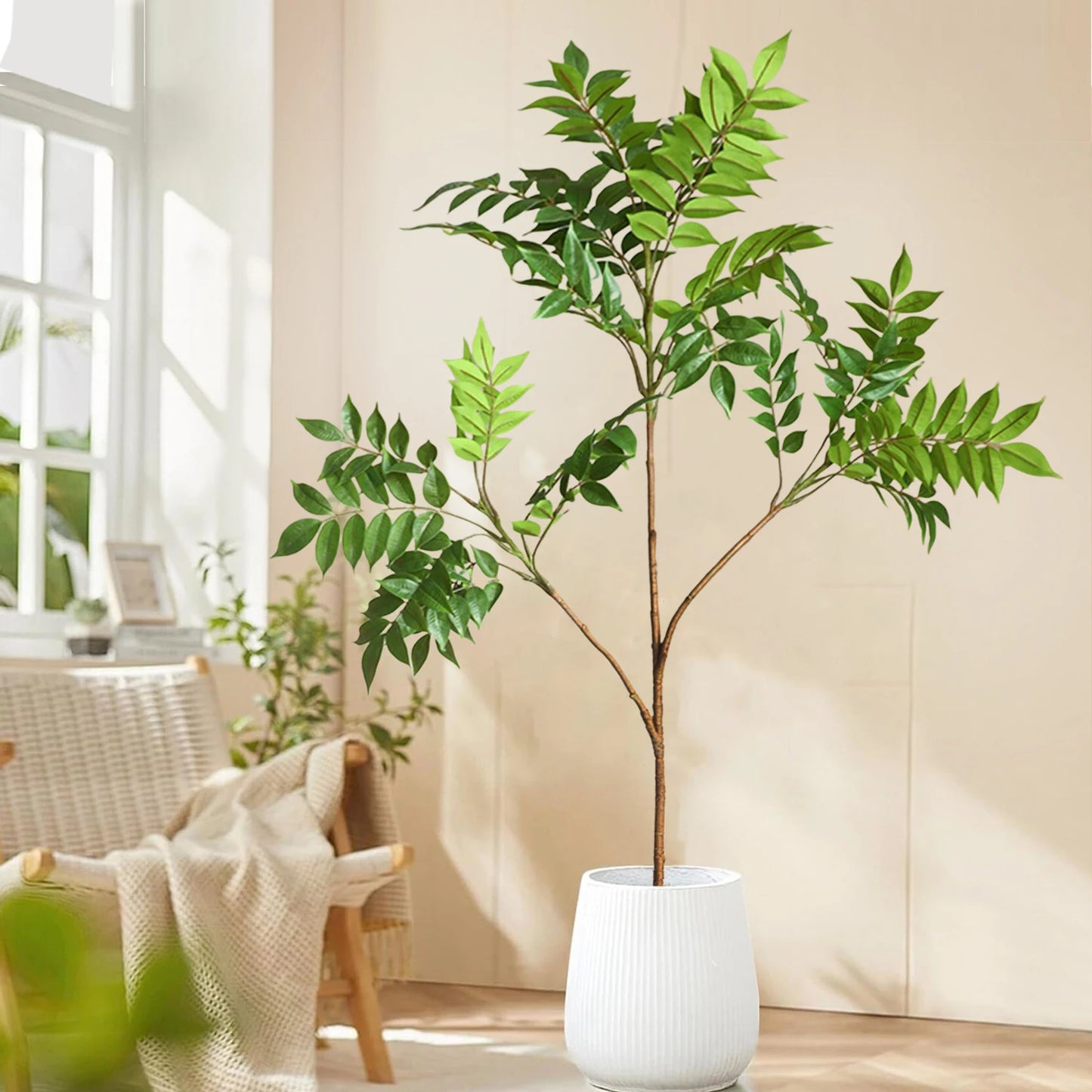 76-140（49.2in）Artificial Ficus Tree Branch Fake Lacquer Tree Plastic Banyan Plants Green Tall Palm Leaves For Home Garden Decor