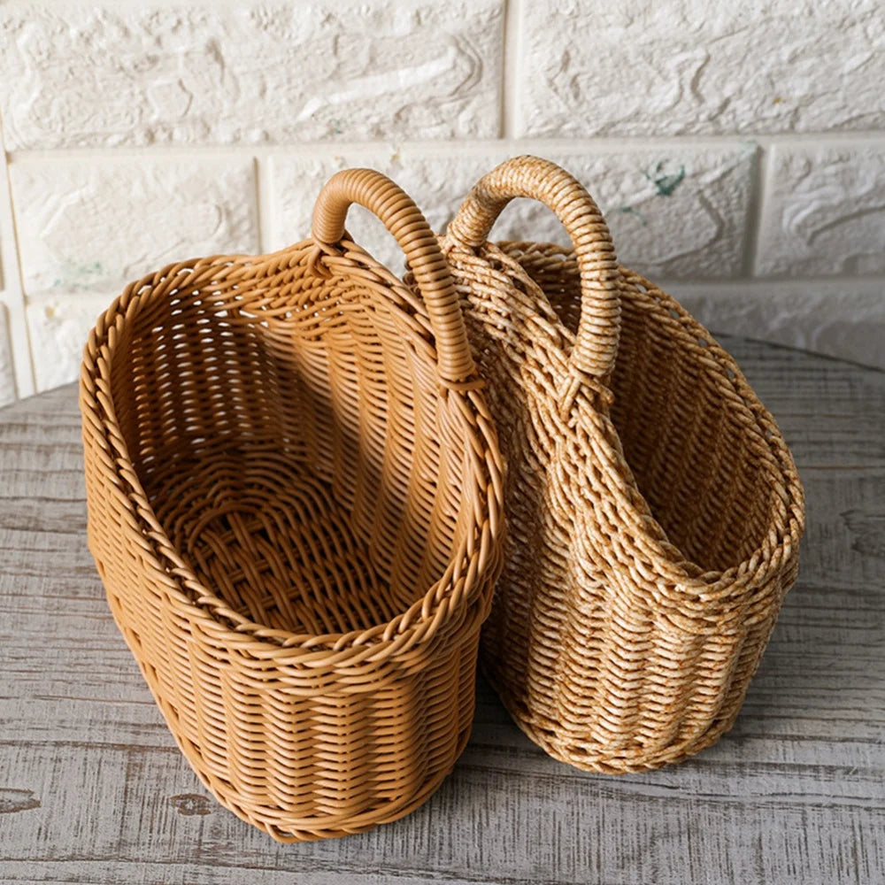 Kitchen Storage Rattan Basket with Handle Woven Hanging Baskets Minimalist Design Living Room Food Fruit Sundries Organizer  ﻿