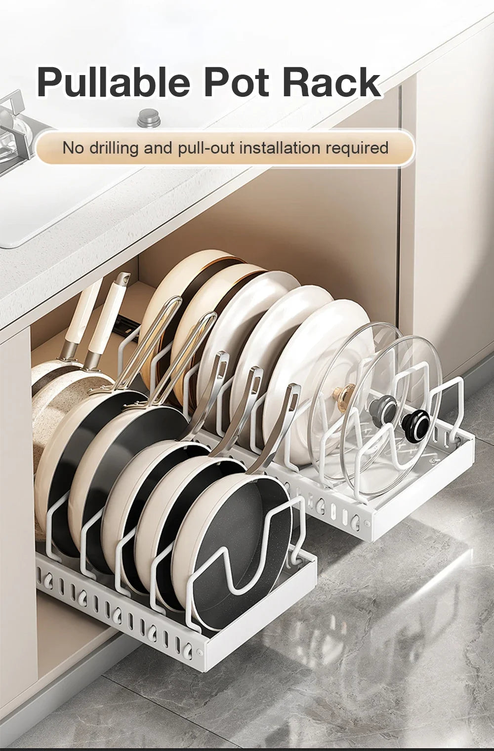 Kitchen Pots and Pans Organizer Under Cabinet Sliding Drawer Pot Lid Organizer Pull Out Cabinet Storage Tray with 8 Dividers