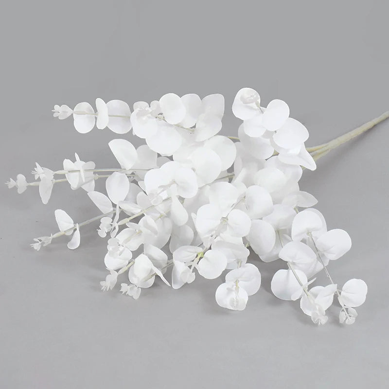 16Heads 50cm Artificial Flower White Fake Eucalyptus Leaves Faux Eucalyptus Branch with Stems for Home/Wedding Party Decor