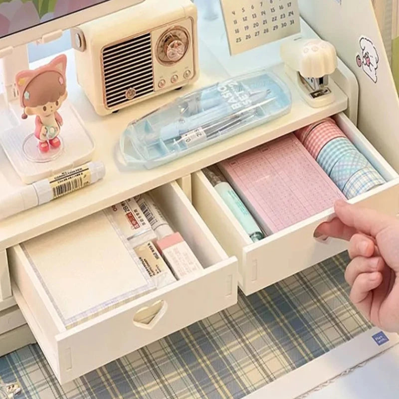 Desktop Added Shelf with Drawers Computer Monitor Stand Office Desk Storage Rack Dormitory Laptop Holder Stationery Organizer