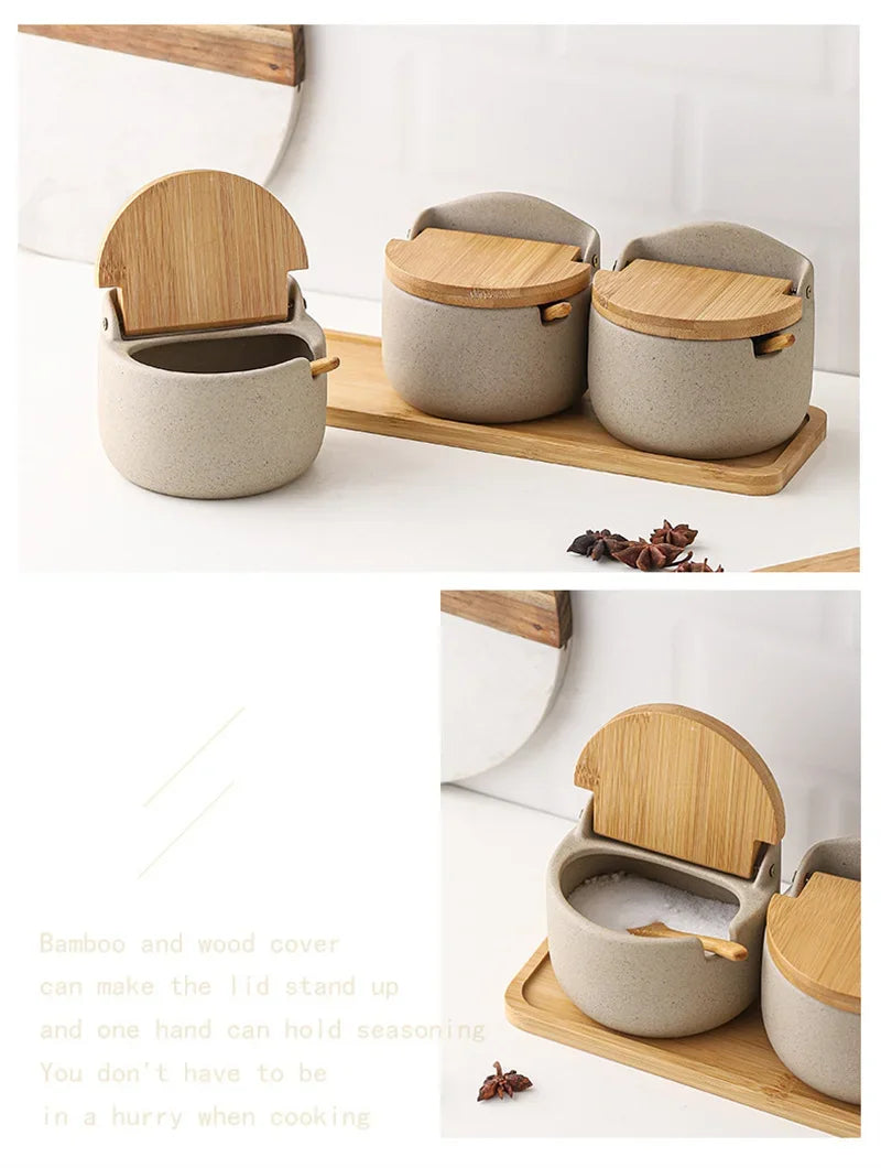 Japanese Style Ceramic Seasoning Jar Bamboo lid Spice jar With Spoon Kitchen Sugar Salt Spices Storage Box Household Container