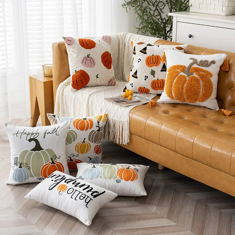 Towel Embroidery Pillow Cover Canvas Embroidered Halloween Pumpkin Cushion cover Pillow Autumn Office Throw Pillowcase
