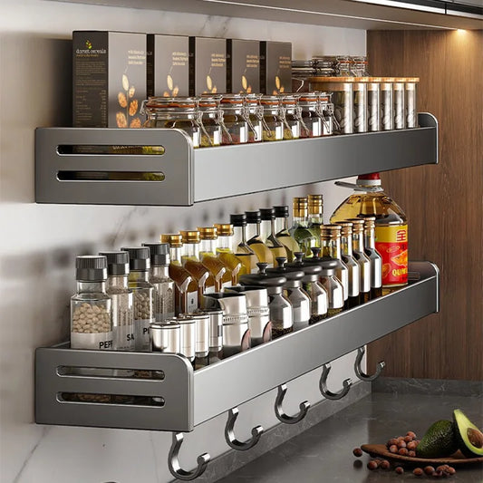 30/40CM Kitchen Storage Rack with Hook Wall Mounted Seasoning Bottle Storage Shelf Knife Shovel Spoon Holder Kitchen Organizers