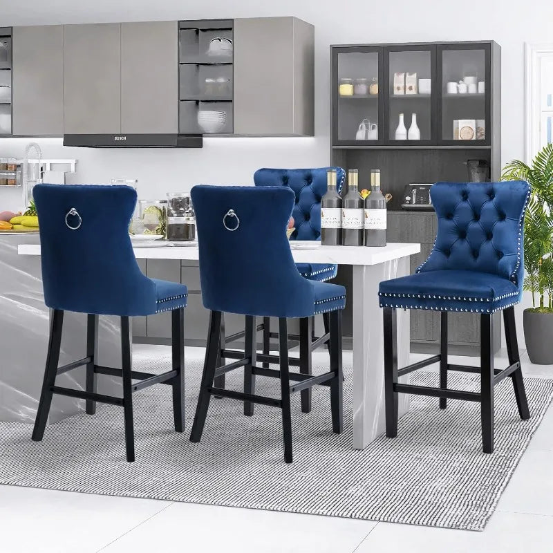 Upholstered Bar Stools Set of 4 with Wood Legs, Button Tufted,Chrome Nailhead, Counterstool Seat, Armles