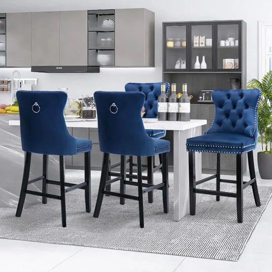 Upholstered Bar Stools Set of 4 with Wood Legs, Button Tufted,Chrome Nailhead, Counterstool Seat, Armles