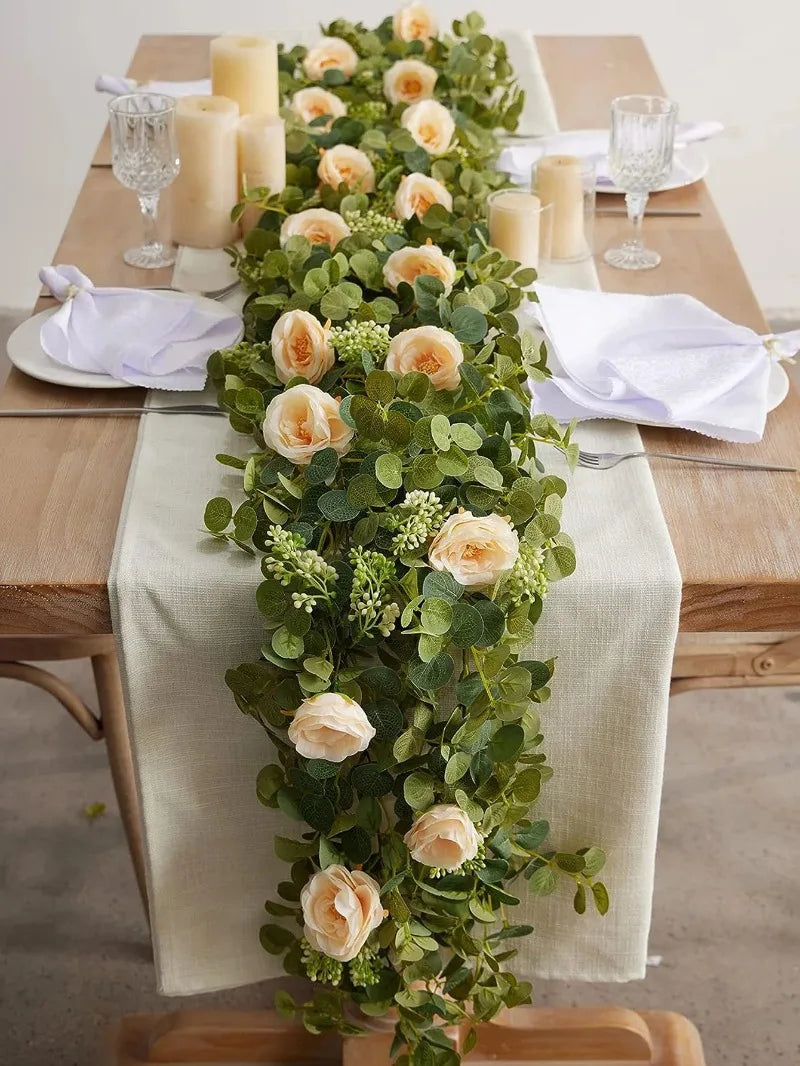 Artificial Flowers Silk Rose Gypsophila Garland Fake Eucalyptus Vine Hanging Plants for Wedding Home Party Craft Decor