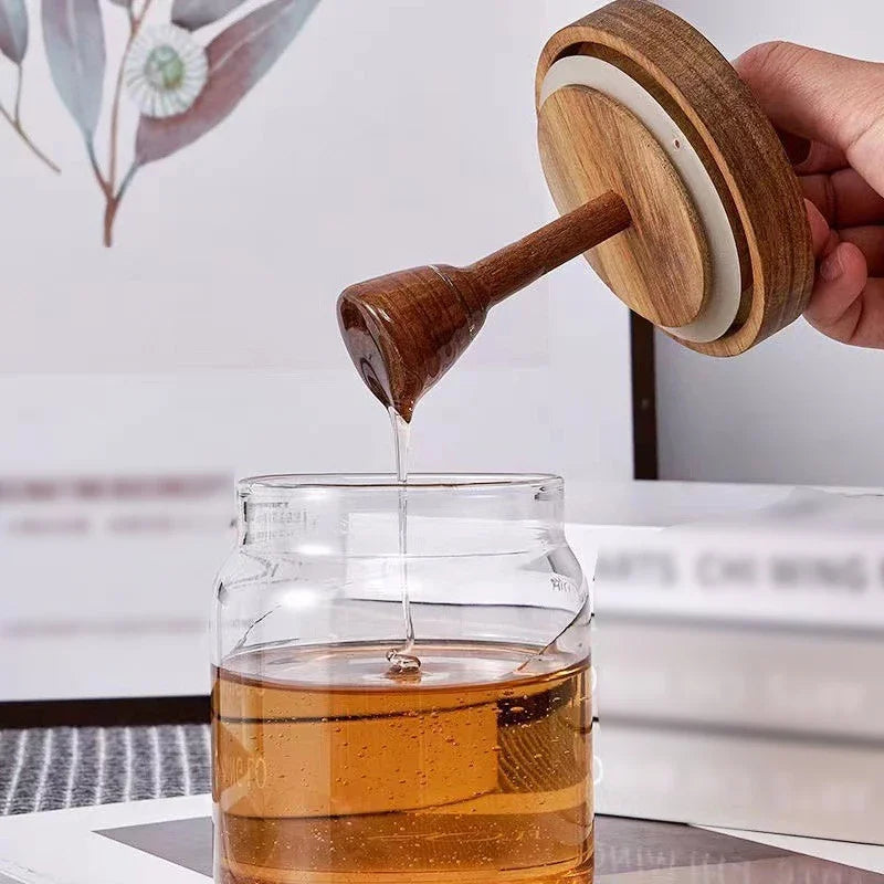 Honey Jar High Borosilicate Glass Sealed Tank with Wooden Lid Mixing Rod Wood Dip sticks Transparent Honey Sealed Storage Jars