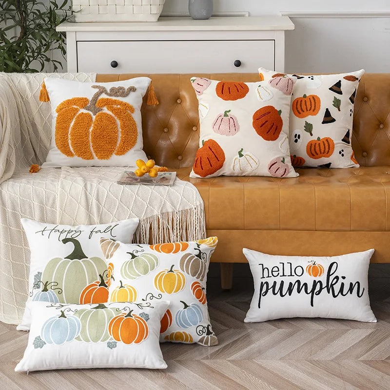 Towel Embroidery Pillow Cover Canvas Embroidered Halloween Pumpkin Cushion cover Pillow Autumn Office Throw Pillowcase