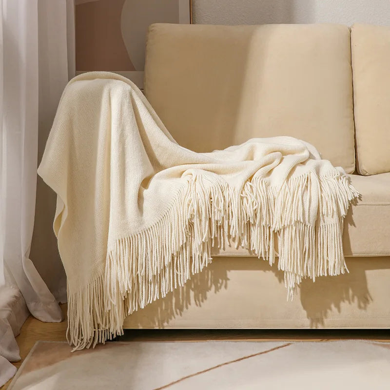 Nordic Knitted Tassels Fringe Blankets Lightweight Throw Solid Blanket Cozy Farmhouse Gift All Season Comfort For Home Travel