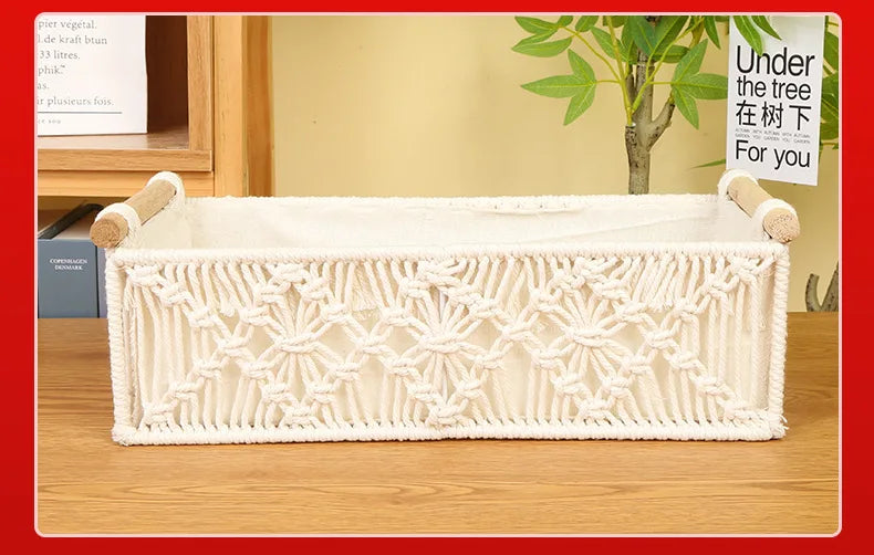 Bohemian Style Storage Containers Cotton Rope Hand Woven Rectangle Desktop Sundries Storage Basket Make Up Organizer