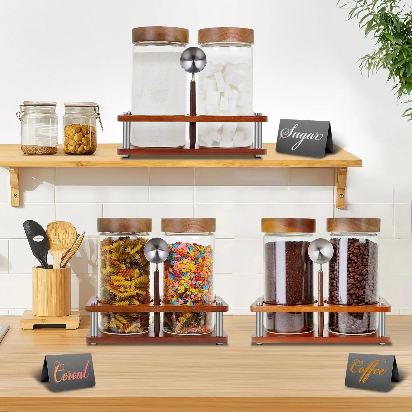 Glass Coffee Grounds Container with Shelf, 2 × 45 oz Glass Coffee Canisters with Airtight Thread Lid, Glass Storage Jars
