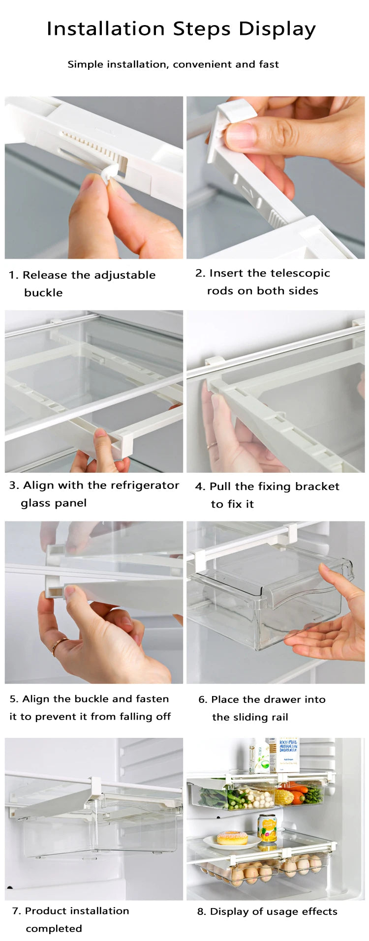 Refrigerator Drawer Style Food Storage Box, Fruit Packaging Machine, Shelf Support, Sliding Plastic Cooking Container