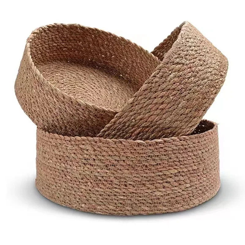 3 Size Woven Storage Basket, Organize Straw Cosmetics Storage Basket, Snack Food Storage Table Basket Made of Cattail Material